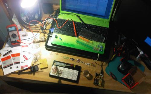 Beginning to build the project on a breadboard.